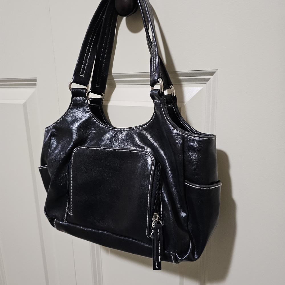 Black Glossy Shoulder Bag with Metallic Accents